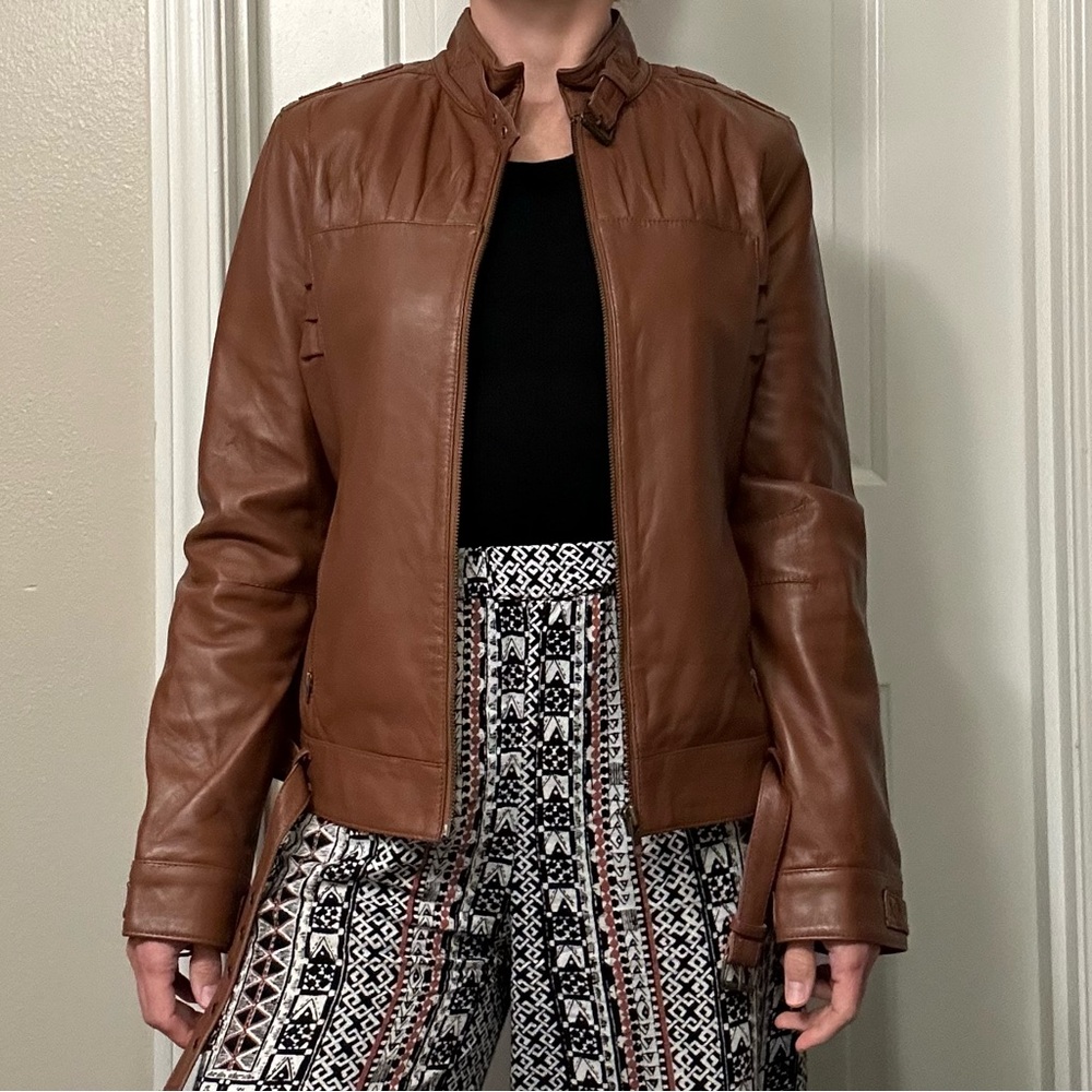 Metro 7 Brown Leather Jacket Fitted Moto Style, Size 8